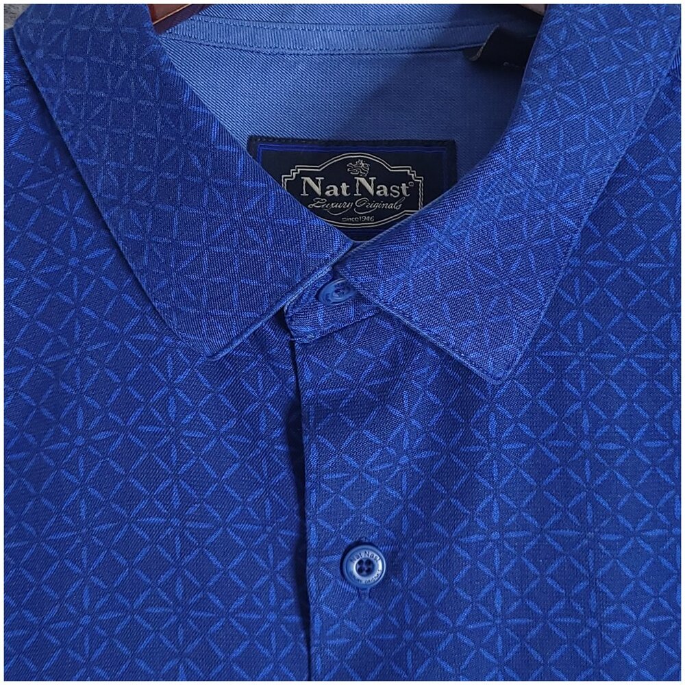 NAT NAST Large Mens Silk Blend Shirt Blue Geometric Short Sleeve Button Up